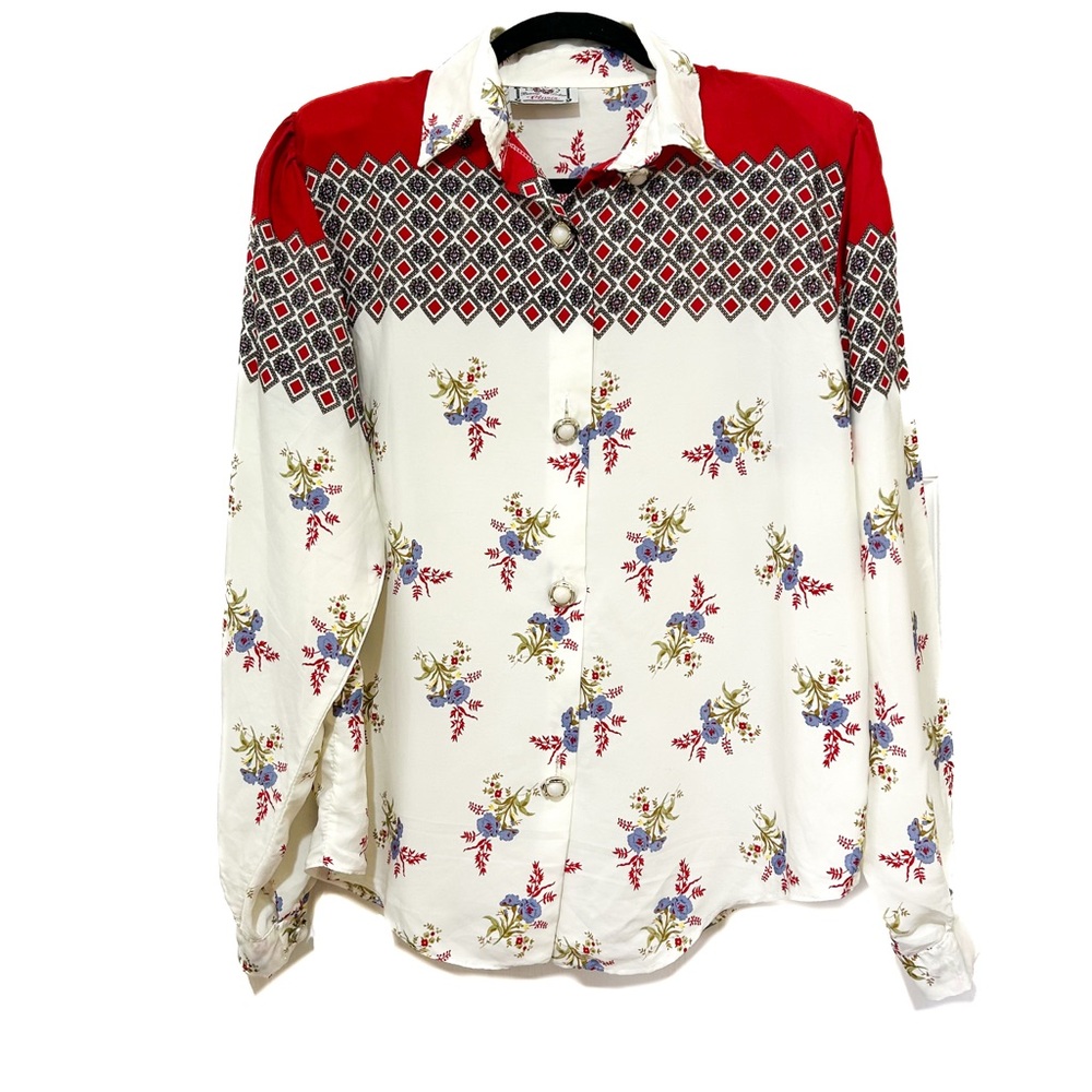 Vintage Floral Geometric ButtonUp Western Shirt Spring Top Sheer blouse Feminine